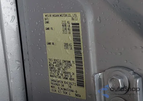 2013 Nissan Maxima 3.5 S z USA, uszkodzony, nr VIN 1N4AA5AP2DC843671